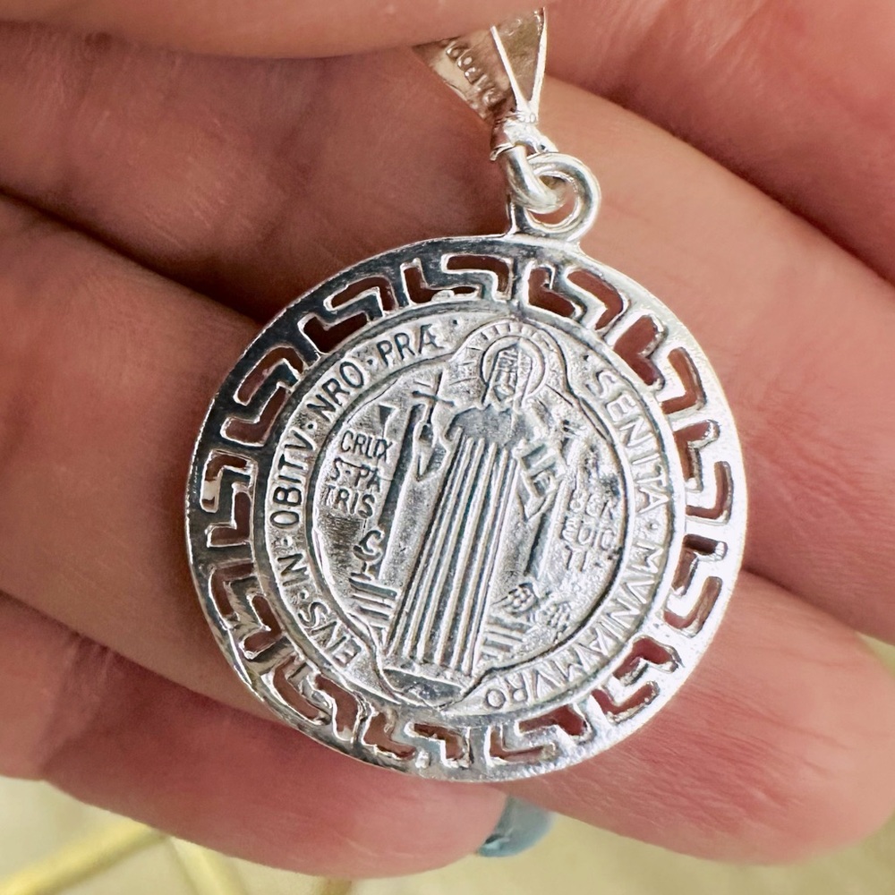 Sterling Silver 925 Pendant, Necklace Greco Style Solid Saint Benedict Protector